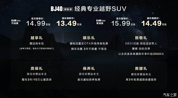国补焕新价13.49万元起 北京越野BJ40探险家正式上市
